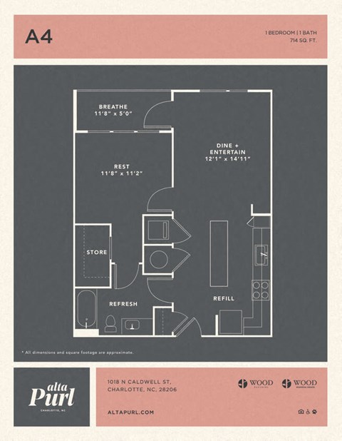Floor plan for 1 bed, 1 bath, 714 sqft